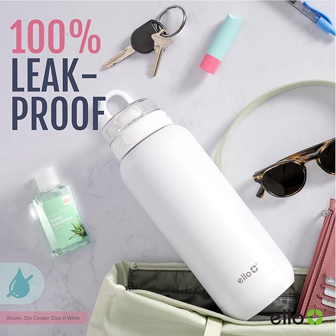 Ello Cooper 32oz Stainless Steel Water Bottle with 2 Lids Chug and Straw | Leak Proof | Double Walled and Vacuum Insulated | Built in Carry Loop | Dishwasher Safe | White Marble