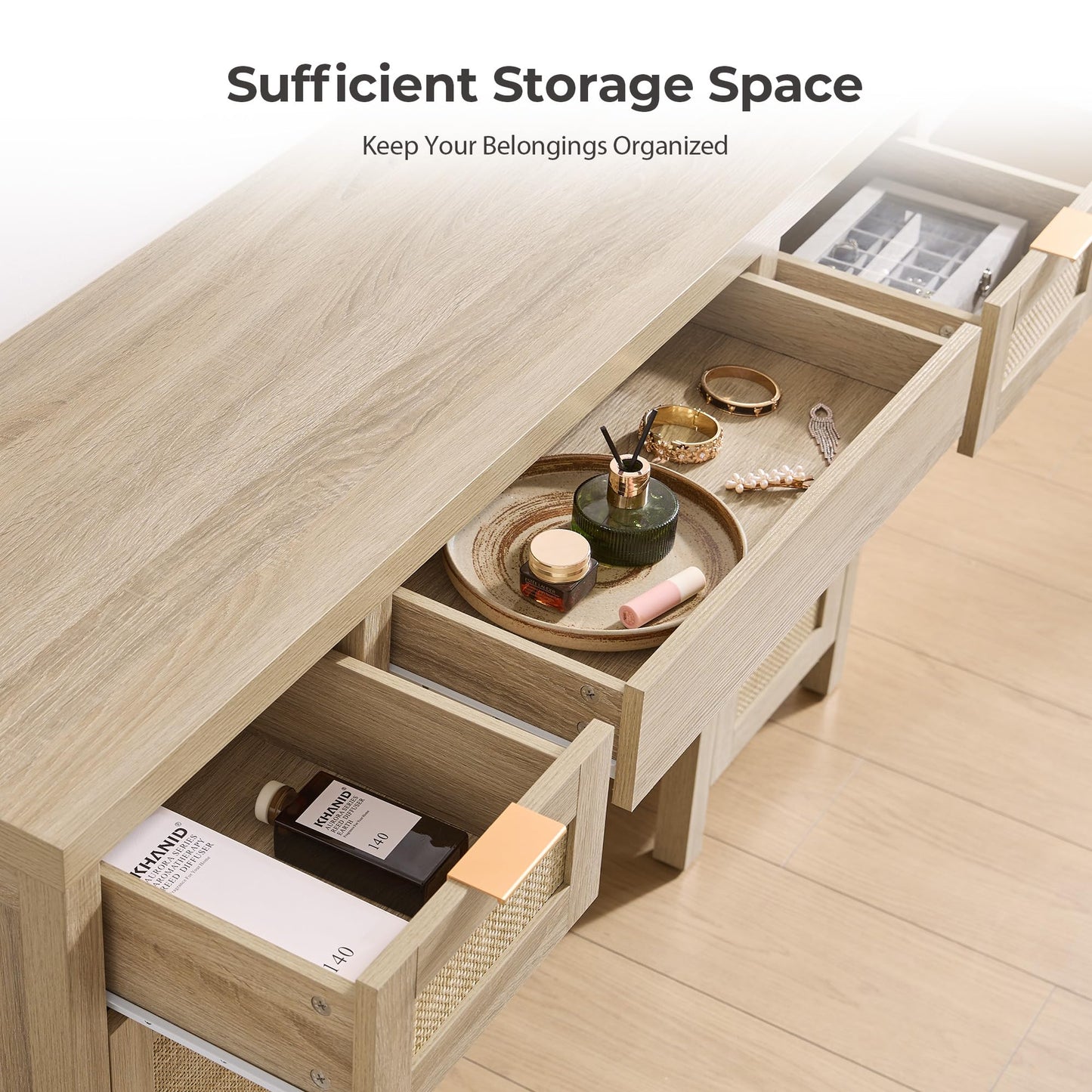 SICOTAS Rattan Vanity Home Office Desk - 52" Large Farmhouse Boho Makeup Vanity Dressing Table with 3 Drawers & 2 Storage Cabinets, Vanities Desk for Makeup Room, Bedroom, Home Office, Light Oak