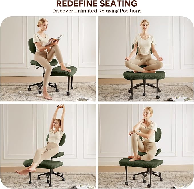 Cross Legged Office Chair with Wheels for ADHD, Ergonomic 360° Swivel Height-Adjustable Meditation Chair for Yoga, Wide Kneeling Chair with Strong Lumbar Support, Teddy Fabric, Green
