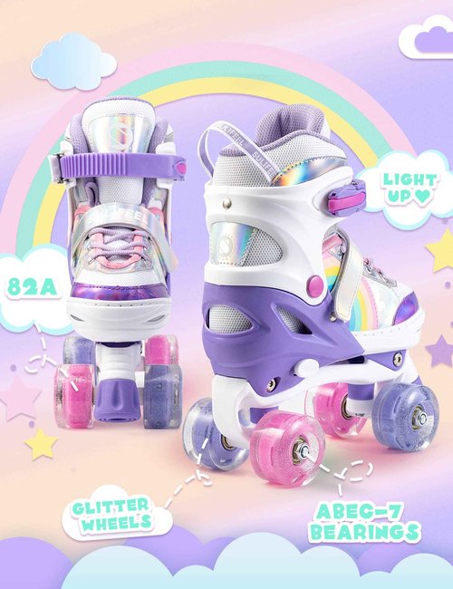 SULIFEEL Rainbow Unicorn Roller Skates for Kids with Adjustable Protective Gear Set Purple Small