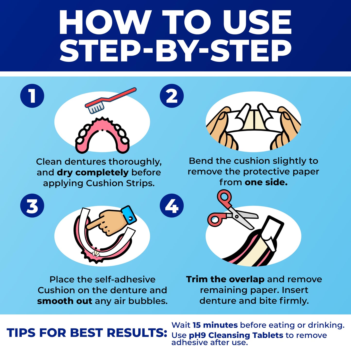 Secure Denture Adhesive Strips – Zinc Free – Waterproof – Comfortable Cushion Fit for Lowers – Extra Firm All-Day-Hold – No Mess – Clean Ingredients – 60 Strips (4 Pack)