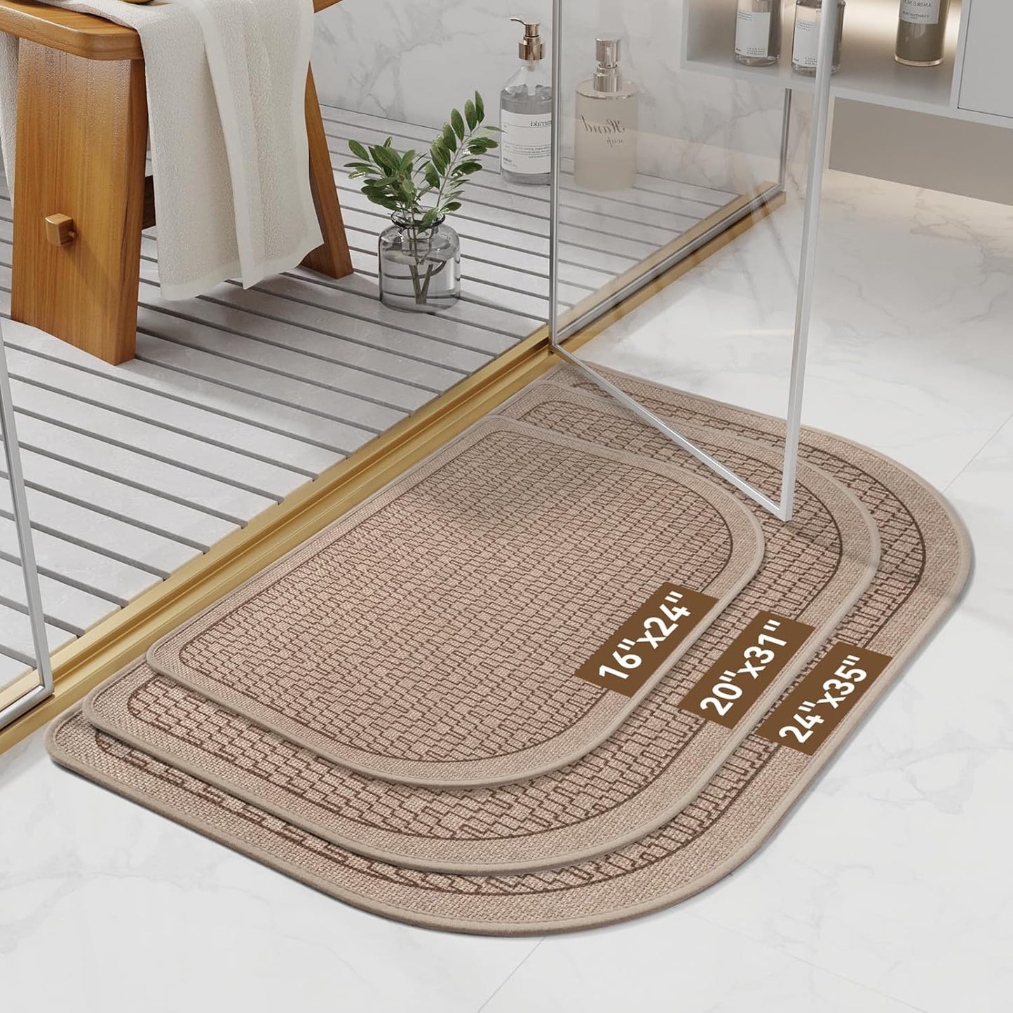 Bathroom Rugs Mat 24x35, Non Slip Ultra Thin Bath Mat Quick Dry Absorbent Washable Woven Half Round Bath Mats for Bathroom Floor Rubber Backed Fit Under Door Brown