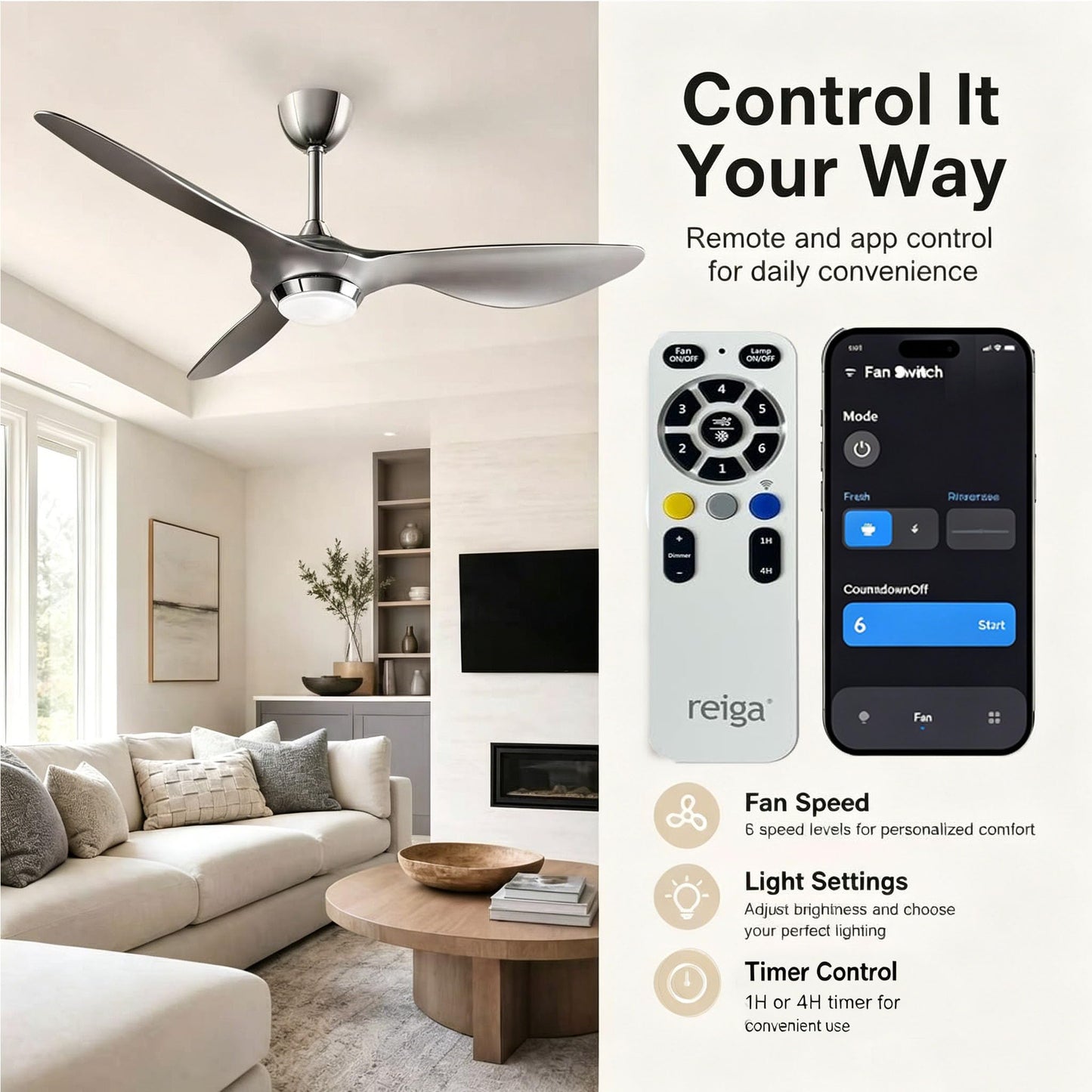 reiga 52 Inch Modern Smart Wifi Ceiling Fan with Light and Remote Control, Living Room Bedroom patio 3 Blade Ceiling Fans with Reversible Mute DC Moto