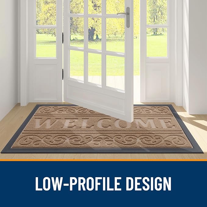 OLANLY Welcome Door Mat Indoor Outdoor Entrance, Heavy Duty Sturdy Front Door Mat, Waterproof All-Weather Doormat, Stain Resistant, Low Profile, Easy Clean Patio Entryway Mat, 47 x 32, Light Brown