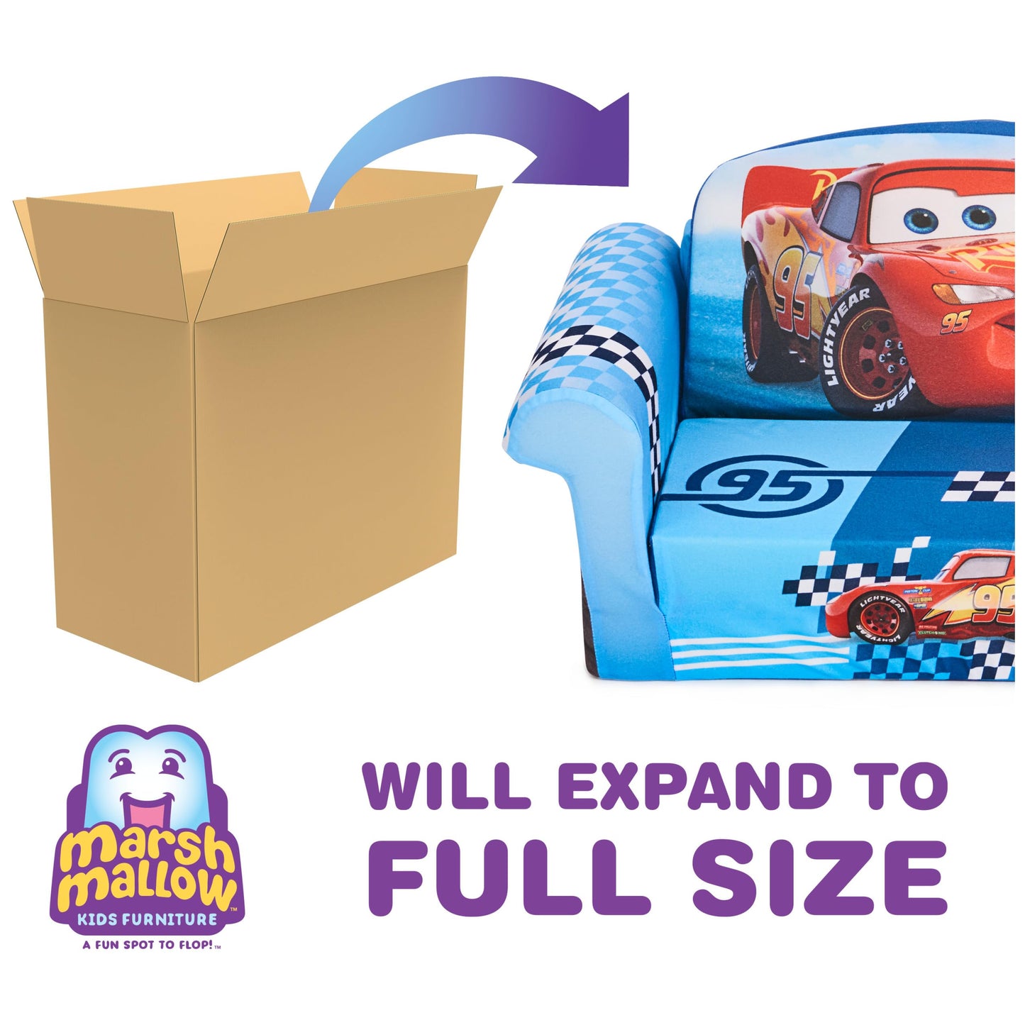Marshmallow Furniture, Children's 2-in-1 Flip Open Foam Compressed Sofa, Disney's Cars, Multicolor