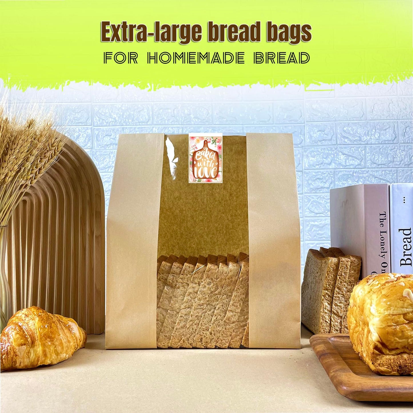BIUBIU 16x10x5 inch Extra Large Paper Bread Bags for Homemade Bread with Window & Sticker for XL Sourdough Bread, Supersized Bread Loaf, Baked Goods, Packaging for Gifting-Brown Kraft 25Pcs