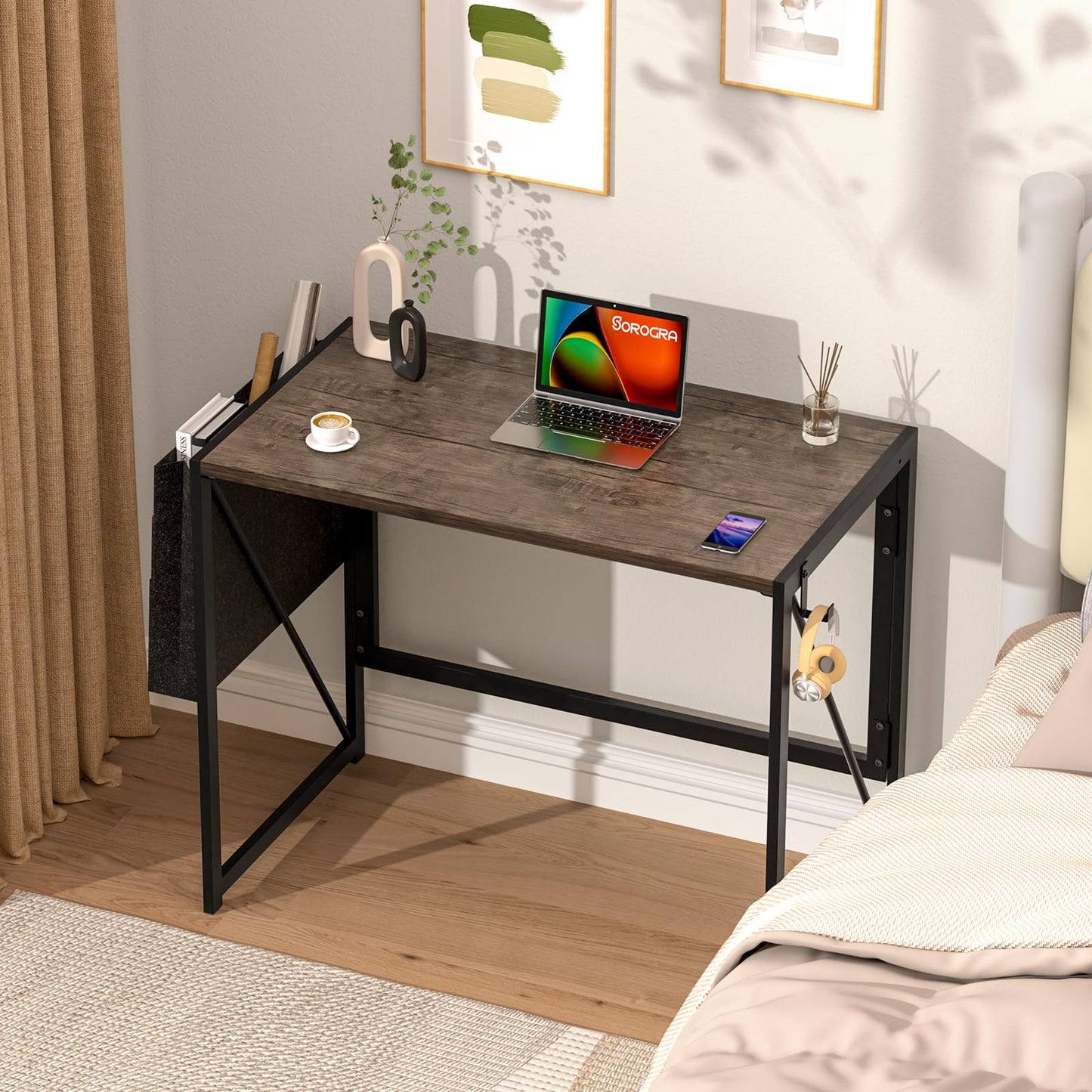 SOROGRA Folding Desk with Storage Pocket for Small Spaces, 31.5 Inch Foldable Desk with Headphone Hook for Bedroom Home Office, Portable Writing Table, Easy Assembly, Brown