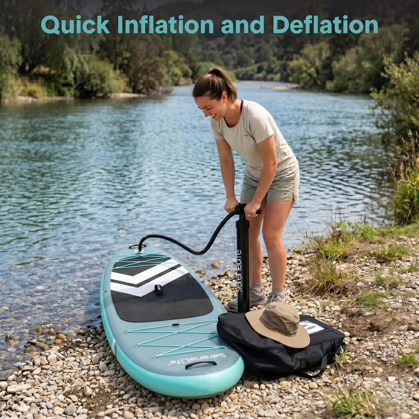 SereneLife 10’ Inflatable Stand Up Paddle Board with Premium SUP Accessories - 33” Wide Stable Design with Non-Slip EVA Deck Pad for Youth and Adults, 350 lbs. Capacity