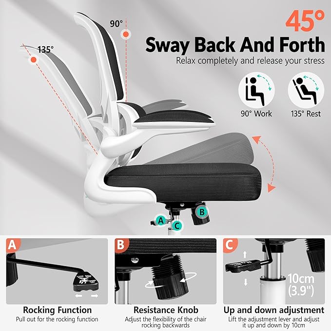 BESTFAIR Office Chair Ergonomic Desk Chair, Breathable Mesh Comfy Chair with Lumbar Support, Computer Chair, Home Desk Chair with Flip-up Armrests, Gaming Chair for Adults Home Office (White)