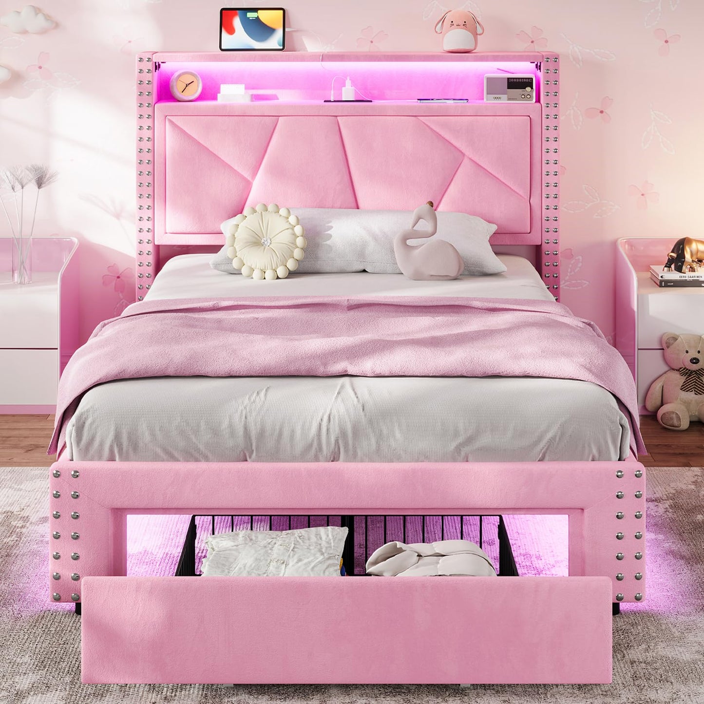 VIAGDO Pink Twin Bed Frames with LED Lights, Upholstered Platform Bed Frame Twin Size with Storage Headboard and Charging Station, LED Twin Bed Frame, No Box Spring Needed