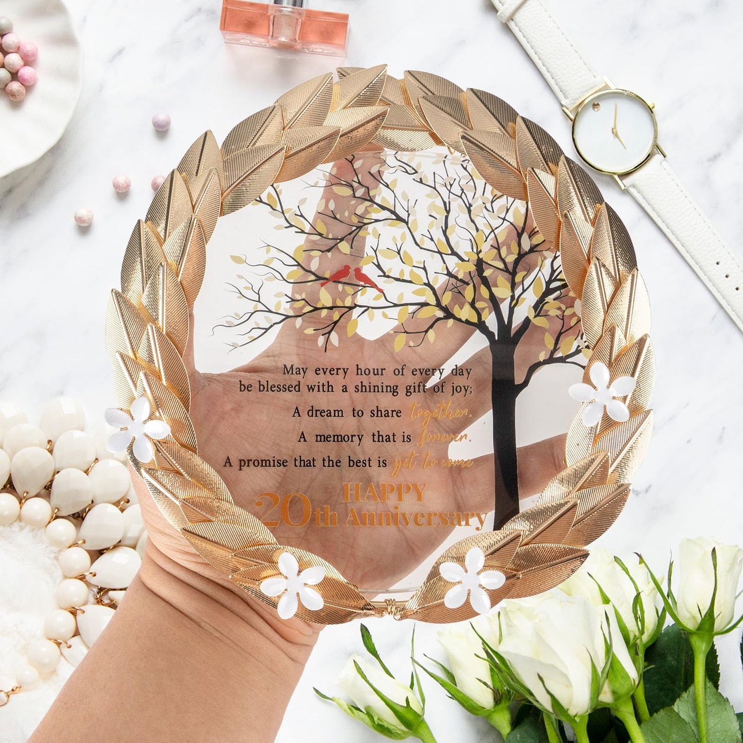 20th Anniversary Wedding Gifts Crystal Plate with Gold Leaf Wreath - 20 Years Anniversary Wedding Unique Gifts Ideas for Parents Couple - Cardinal Style
