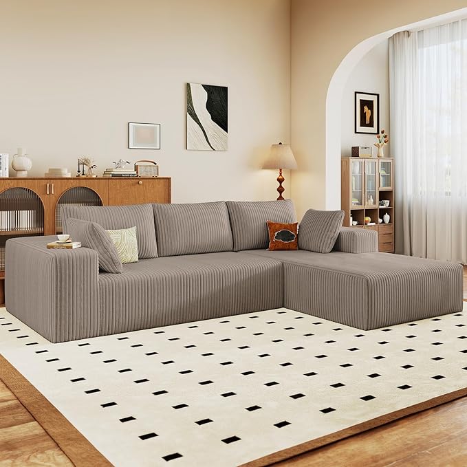 96" Cloud Sectional Couch with L-Shape Chaise, Modern Corduroy Boneless Couch for Living Room,Memory Foam Sofa with Deep Seat,No Assembly Required (Camel,Right-Facing Chaise)