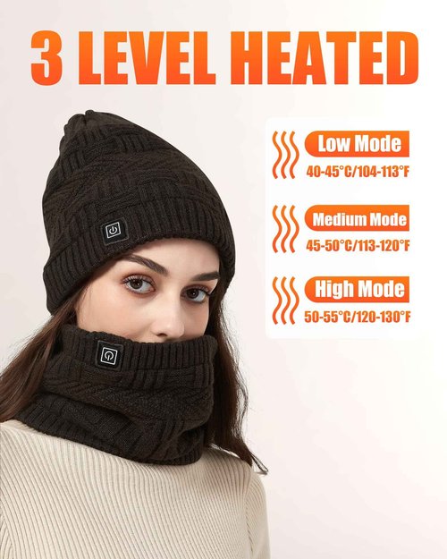 Lvkakmox Heated Hat - Men and Women Rechargeable Heating Hats, 3 Heated Controls, 4000mAh Battery Pack, Christmas Gift (Heated Hat and Neck Warmers)