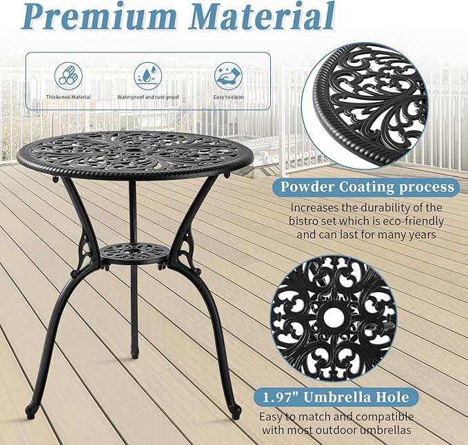 Withniture 3 Piece Bistro Patio Set Cast Aluminum Bistro Table and Chairs Set of 2 with Cushion,Outdoor Bistro Table Set with Umbrella Hole,Metal Patio Furniture Set for Garden,Black