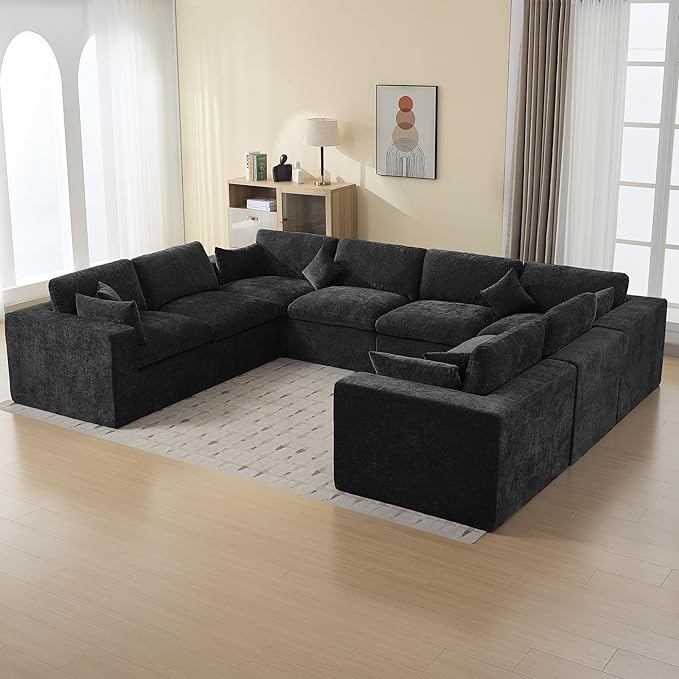 155''Cloud Boneless Sectional Couch, Modular Sectional Sofa Deep Seat, Oversized Upholstered Convertible Comfy 8 Seater Chenille Memory Foam Sofa U Shape Couches for Living Room, Dark