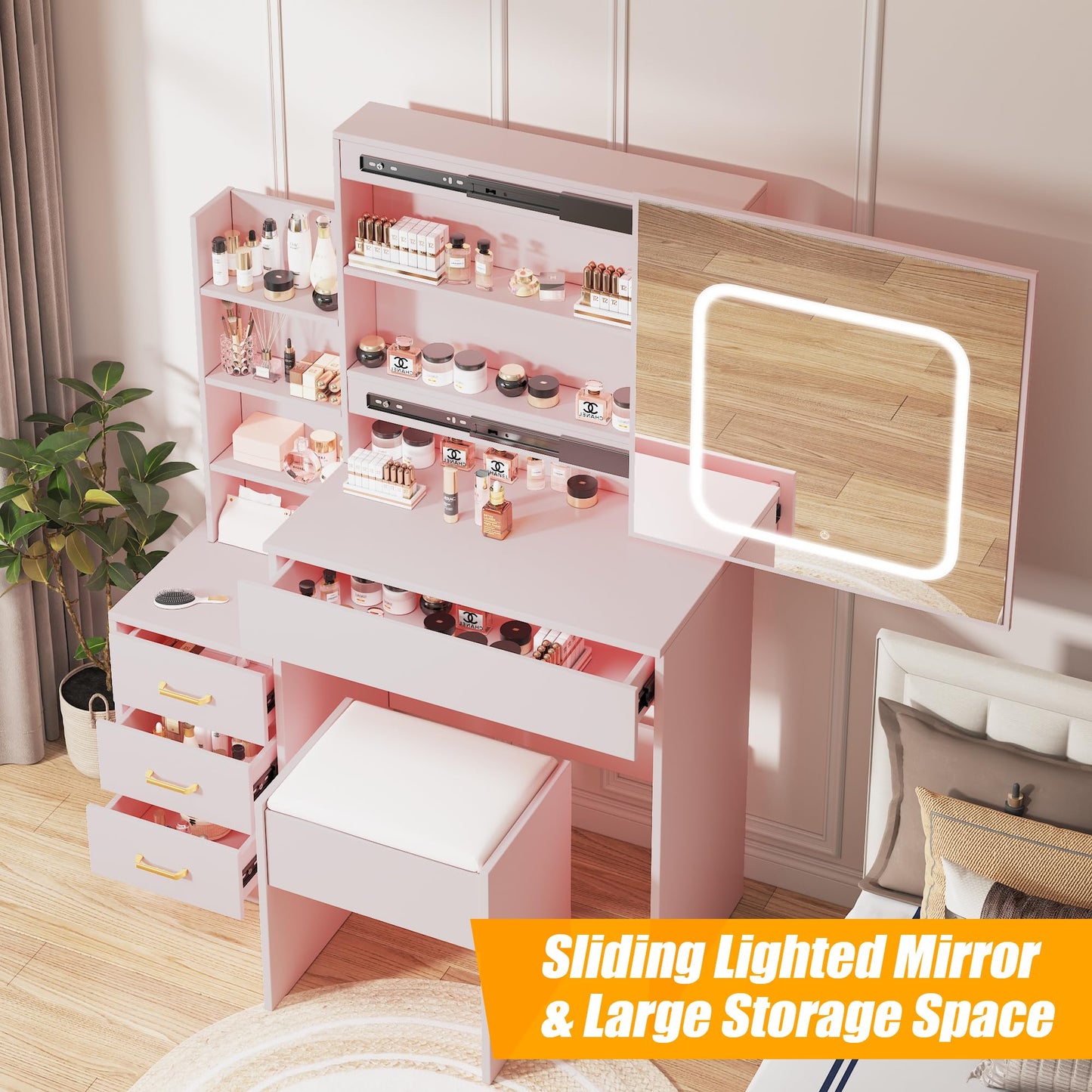 Vanity Desk with Sliding Mirror and Lights, Makeup Vanity Set with 4 Drawers, Stool, Power Outlet, Open Shelves, 3 Color Adjustable Lighting Modes, Makeup Dressing Table for Bedroom, Pink