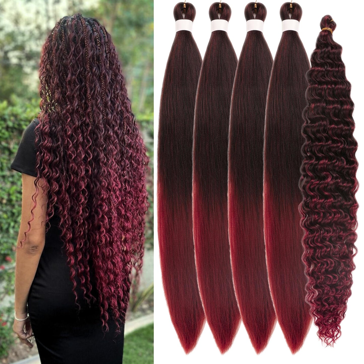 Burgundy Ombre Braiding Hair Pre stretched Synthetic Hypoallergenic Boho Curly Hair for Braiding Ombre Knotless Ez Braids Hair
