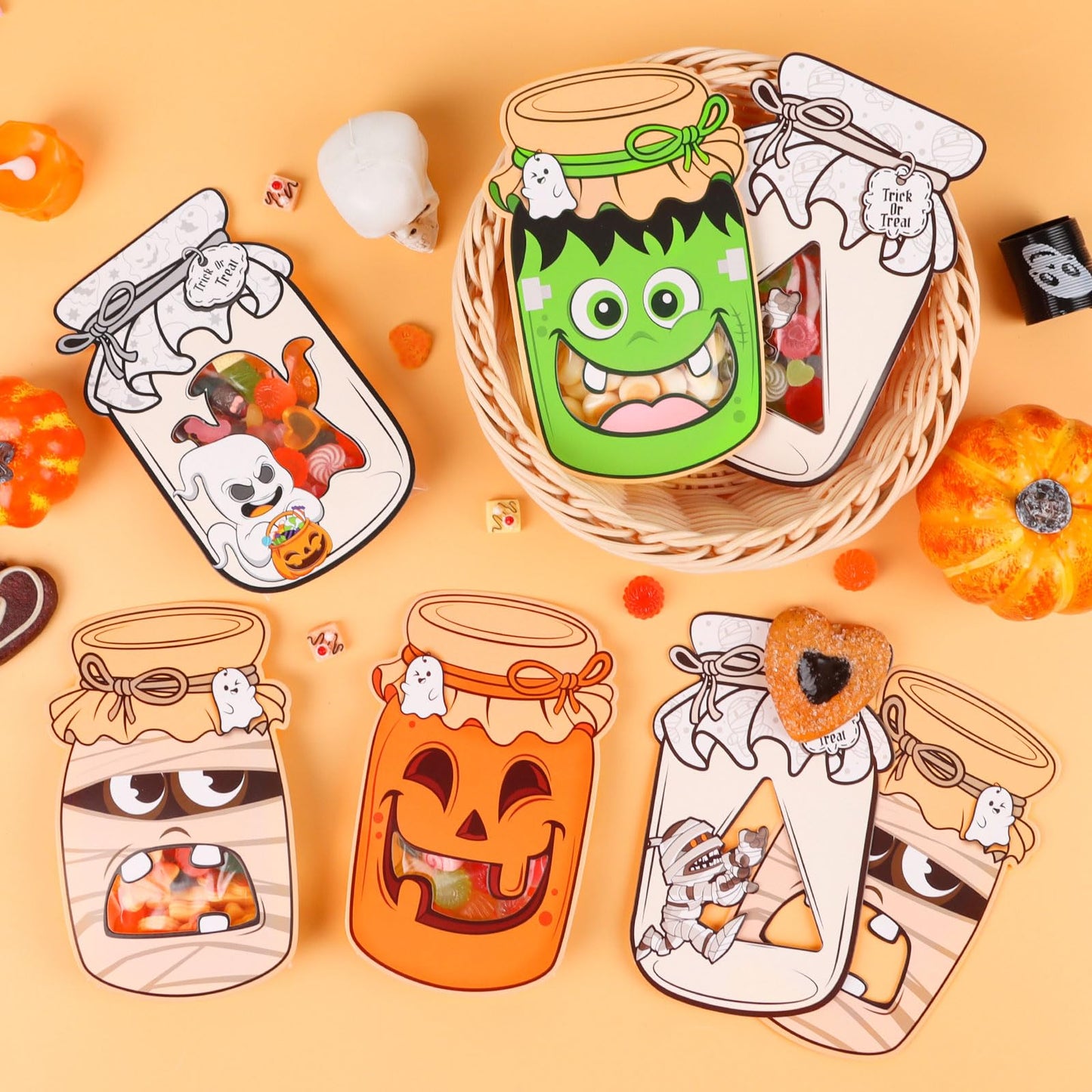 CCINEE Halloween Mason Jar Candy Bags with Cards, 50 Pack Greeting Candy Cards with Clear Treat Bags for Halloween Party Favors DIY Crafts Trick or Treat Classroom Events Exchange Gift Supplies