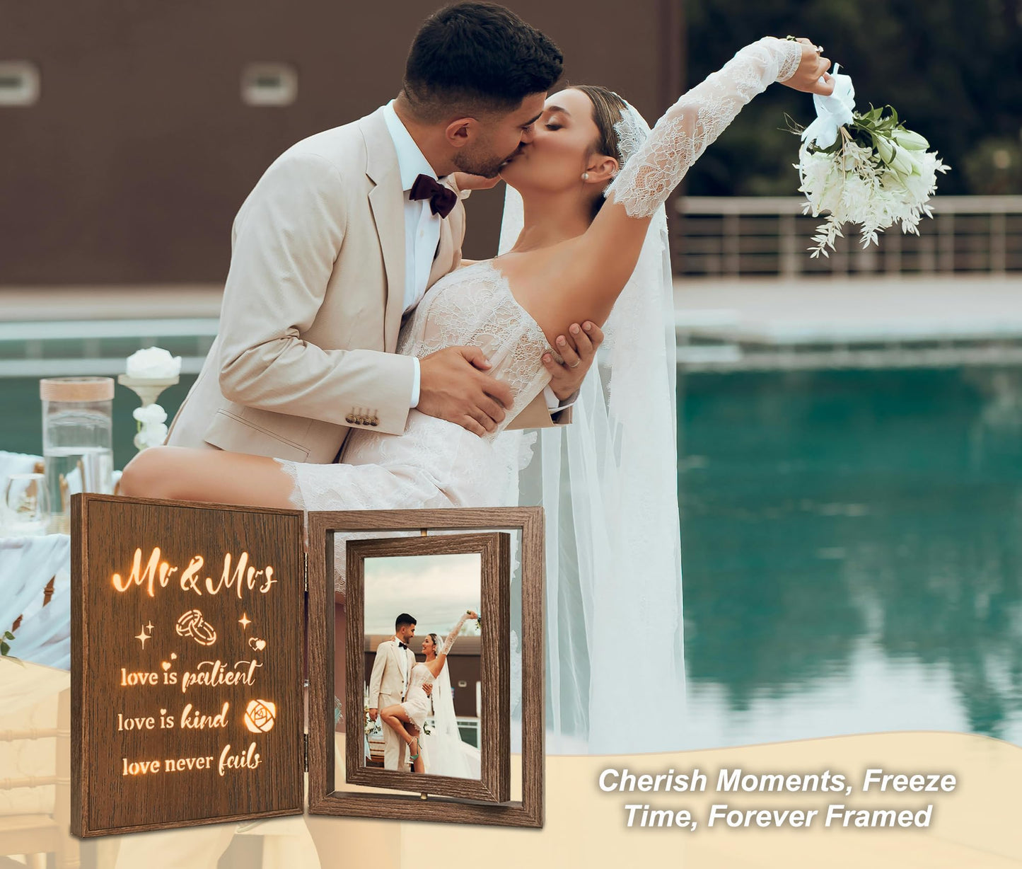 EYITUPC Light Up Wedding Picture Frame for Couples – Wooden Rotating Glowing 4x6 Double Photo Frame with MR & MRS Quote, Rustic Wedding Gifts for Newlyweds & Bridal Shower Gifts
