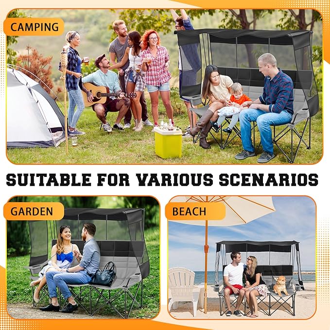 Teenyyou 3 Person Camping Chair with Canopy Shade Fully Padded Folding Outdoor Oversized Sofa, Heavy Duty Couch with Cup Holder and Carry Bag (Black and Grey,3 Person,Canopy Camp Chair)