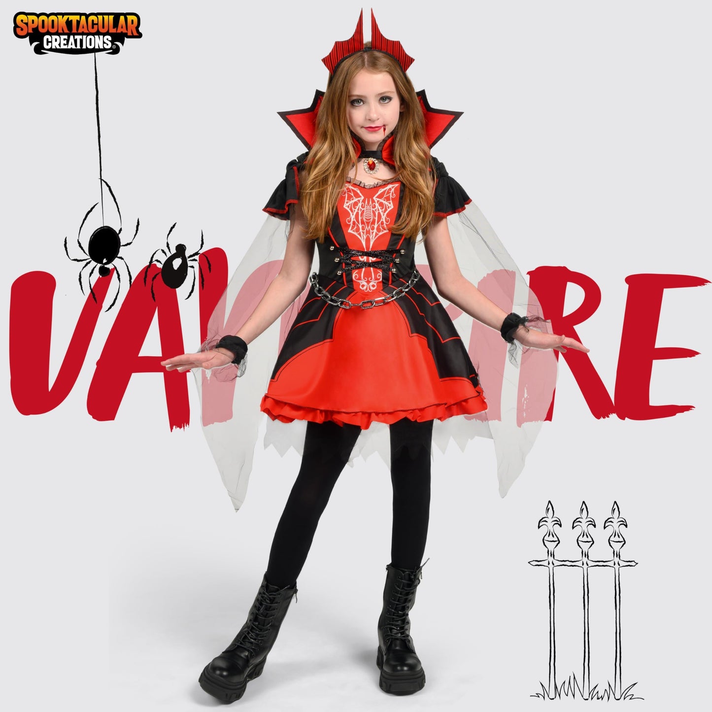 Spooktacular Creations Halloween Girls Vampire Costume, Red Dark Vampire Dress Costume for Girls Halloween Dress up, Role-Playing and Parties