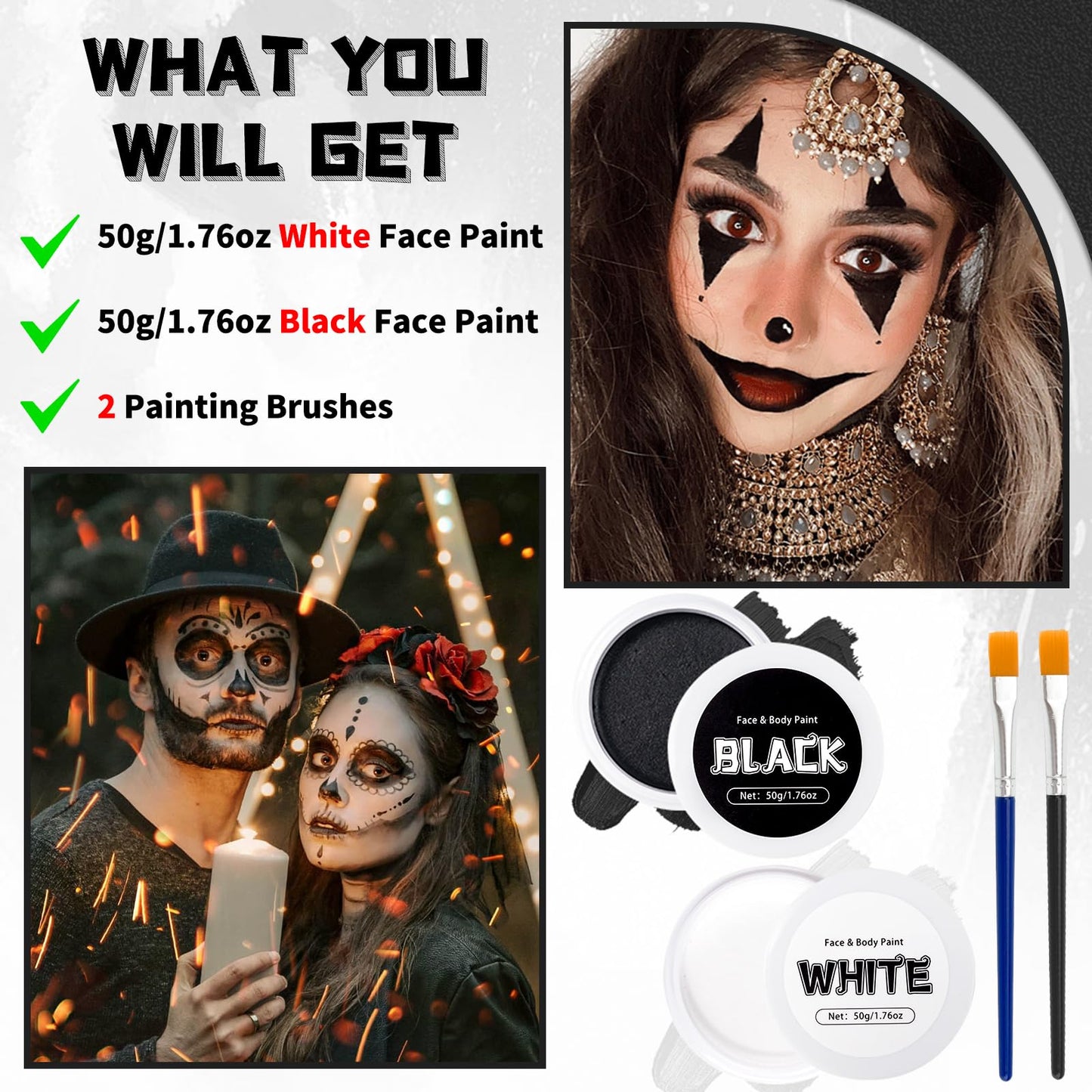 TonJin Black + White Face Body Paint Set 3.5oz/100g, Non-Toxic Professional Facepaint Makeup Kit with 2 Brushes for Kids & Adult