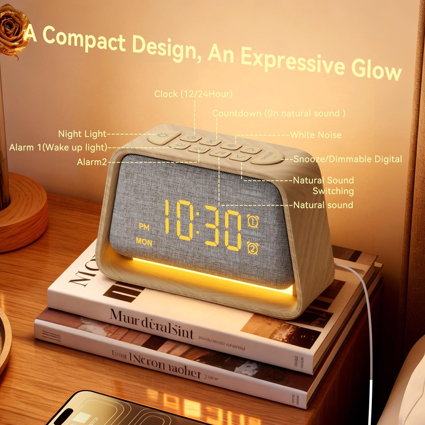 Vivilumens Wooden Alarm Clock White Noise Sound Machine for Sleep 10 Soothing Sounds 10 Natural Sounds for Adults Sleeping Digital Dimmable Night Light Gentle Clock for Bedroom Dual Alarm Ideal Gift