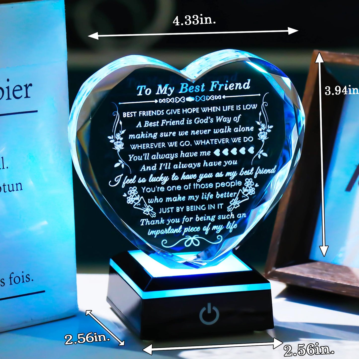 Arikyrist Best Friend Birthday Gifts with Colorful LED Base Crystal to My Best Friend Heart Gifts Friendship Gift for Women for Christmas Female Friend Gift Ideas BFF Gift for Her, Bestie Gifts