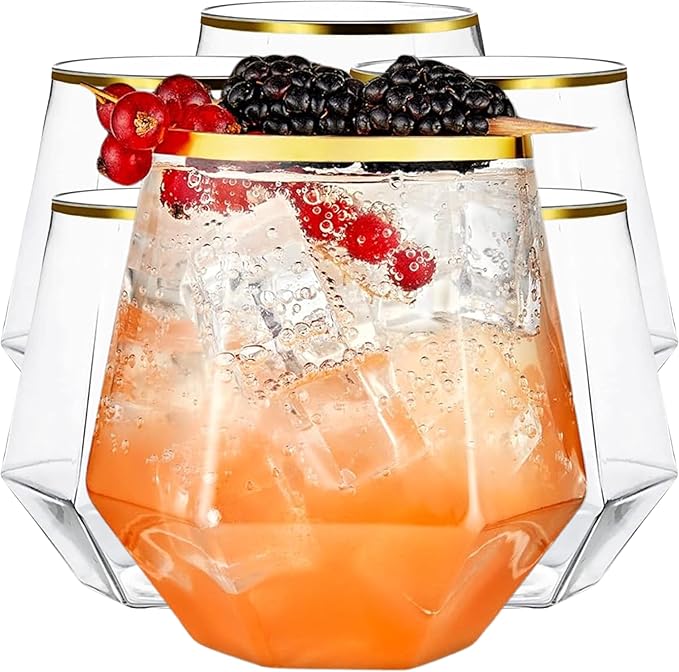Kitchen Lux 40 Pack Diamond Plastic Wine Glasses Disposable, Gold Cups, Wine Cups, Cocktail Glasses, Plastic Glasses Drink...