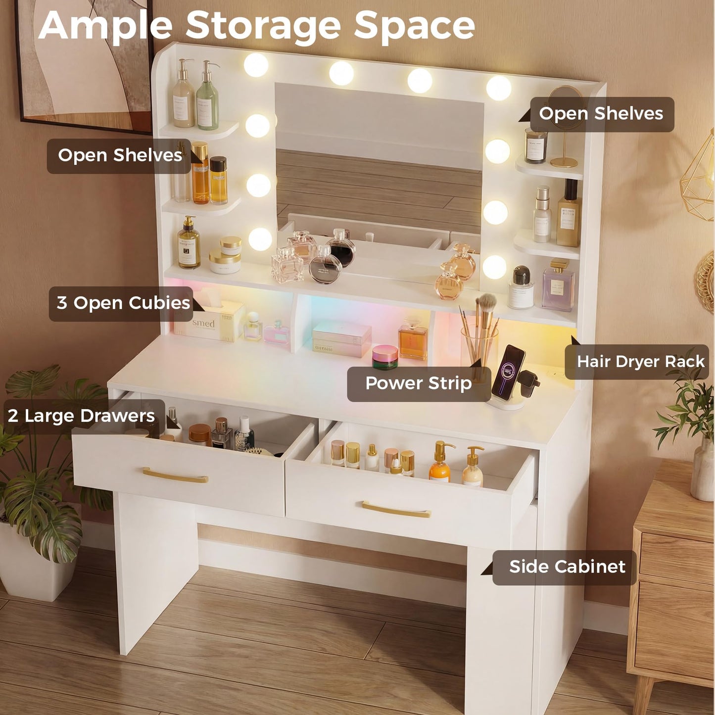LUCKRACER Vanity Desk with LED Lights Mirror & Charging Station, White Makeup Vanity with Storage Drawers and Shelves, Modern Dressing Table for Women Girls Bedroom, White