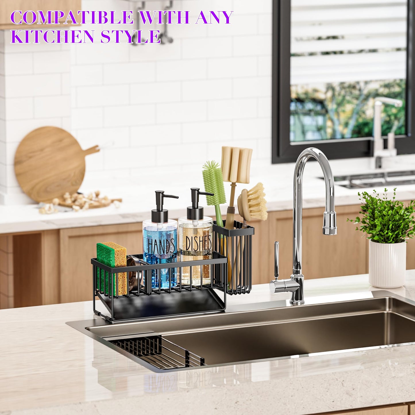 MASADI Kitchen Dish Soap Dispenser Set with Sponge Holder, 12OZ Glass Bottle, Hand and Dish Soap Dispenser Set, Non-Slip Silicone Pad, Brush Holder, Kitchen Sink Organizer Countertop (Black+Clear)