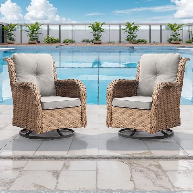 Rilyson Patio Chairs Wicker Outdoor Chair - 6 Piece Rattan Swivel Rocking Chairs Set Patio Glider Rocker Chair with Glass Top Side Table for Porch Deck Garden(Yellow/Beige)
