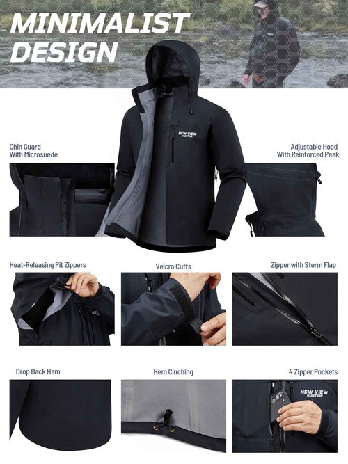 NEW VIEW Men's Lightweight Rain Jacket Waterproof with Hood, Storm Shell Stretch Rain Coat for Tri Weather Hiking,Travel,Golf