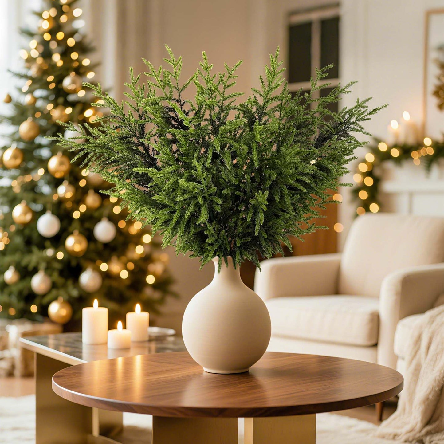 LATIHUUM 6 Pcs Christmas Norfolk Pine Branches - 36" Artificial Norfolk Branch Faux Stem Greenery Pine Picks for Vase DIY Crafts Garland Wreath Xmas Indoor Outdoor Home Decor