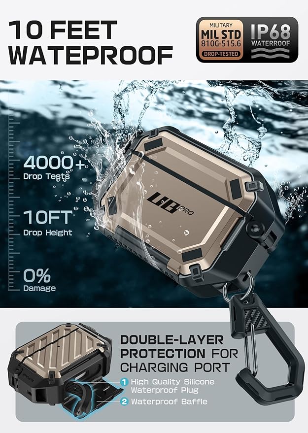 SUPCASE for AirPods Pro 3 Case with Lock & Carabiner, [IP68 Waterproof] [Military-Grade Protection] [Supports Wireless Charging] Anti-Scratch Hard Shell Cover for AirPods Pro 3rd Gen, Desert