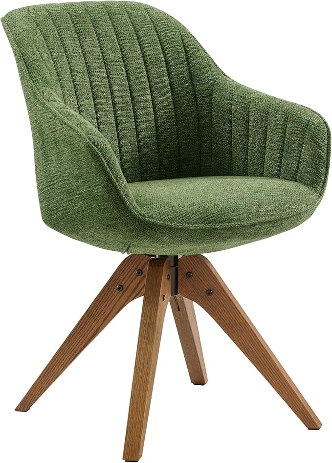 Art Leon Swivel Dining Chair - Mid Century Modern Fabric Upholstered Kitchen Dining Room Chair with Oak Wood Legs, Leisure Side Chair with Arms for Living Room, Green