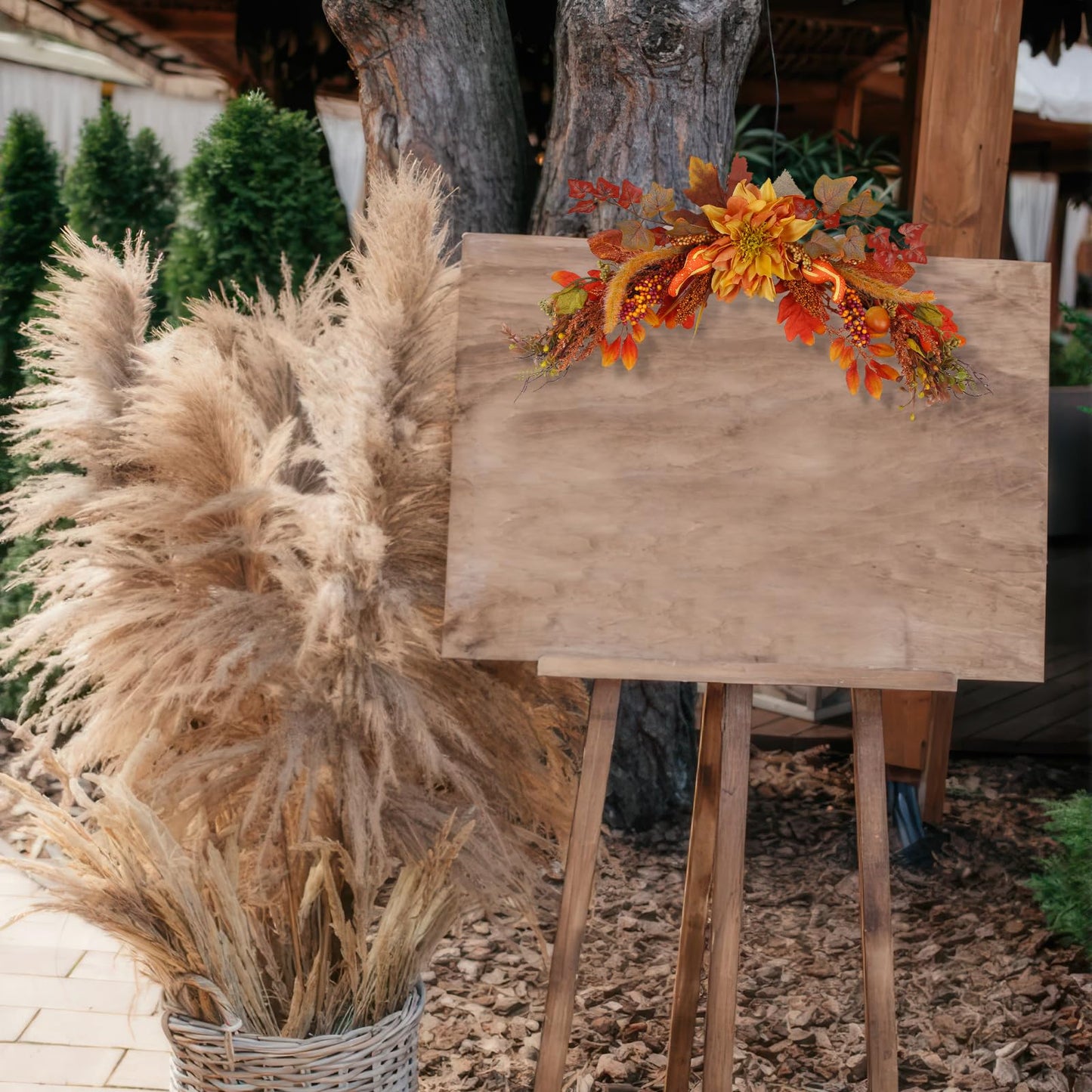 ACRYCS Fall Swag Wreaths for Front Door Artificial Dahlia Flowers Orange Floral Swag Autumn Pumpkins Berries Maple Leaf Fall Swags and Garlands for Wedding Arch Mantle Windows Wall Decor Thanksgiving