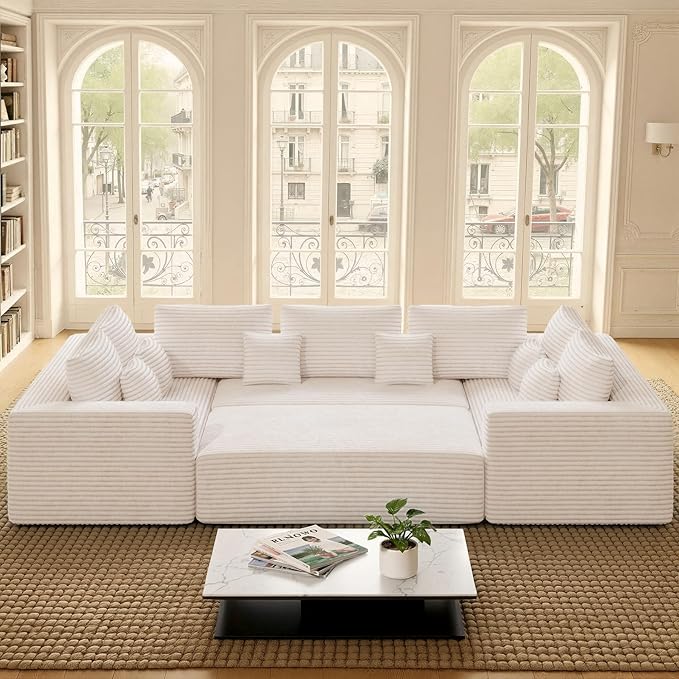 136'' Large Sectional Cloud Couches with Chaise, U Shaped Boneless Sofa Bed with Ottoman, No Assembly Required Deep Seat Modular Lounge for Living Room 4PCS Set, Bedroom(Beige)