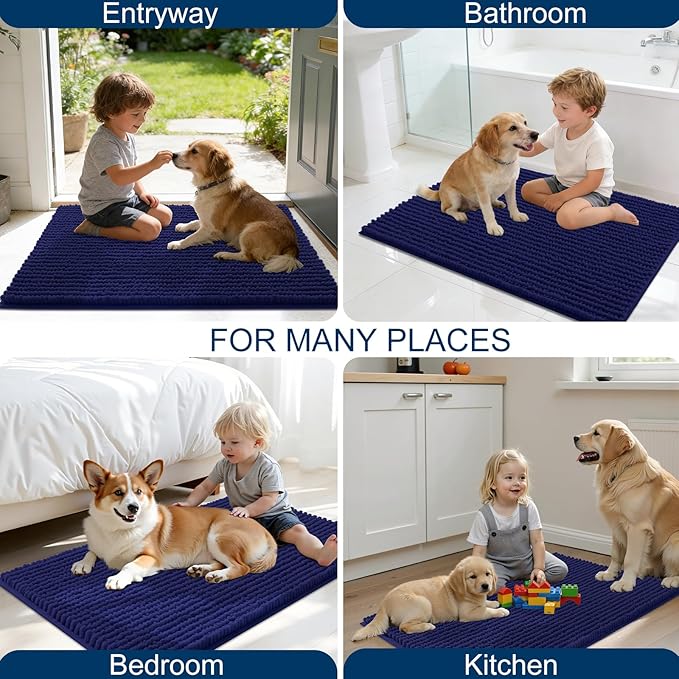 OLANLY Dog Door Mat for Muddy Paws 44x32, Ultra Absorbent Chenille Mud Doormat, Non-Slip Washable and Dirt Trapping Doormat for Indoor Entryway, Quick-Dry Indoor Pet Bed Mats for Dogs, Navy Blue