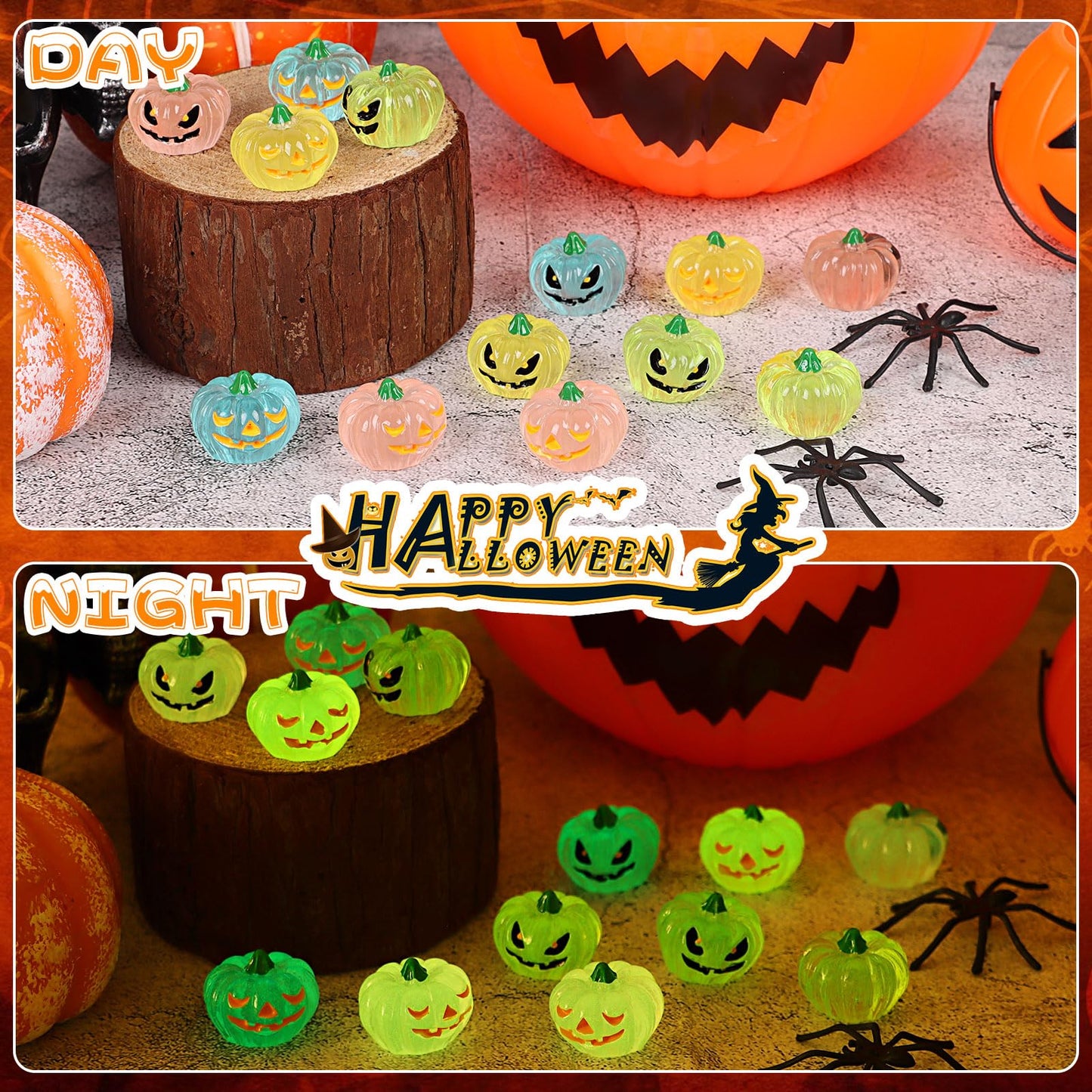 CCINEE 40Pcs Glow in The Dark Mini Pumpkins Halloween Luminous Miniature Pumpkins Halloween Mini Resin Decorations for Fall Halloween Party Gifts Home Cake Decoration