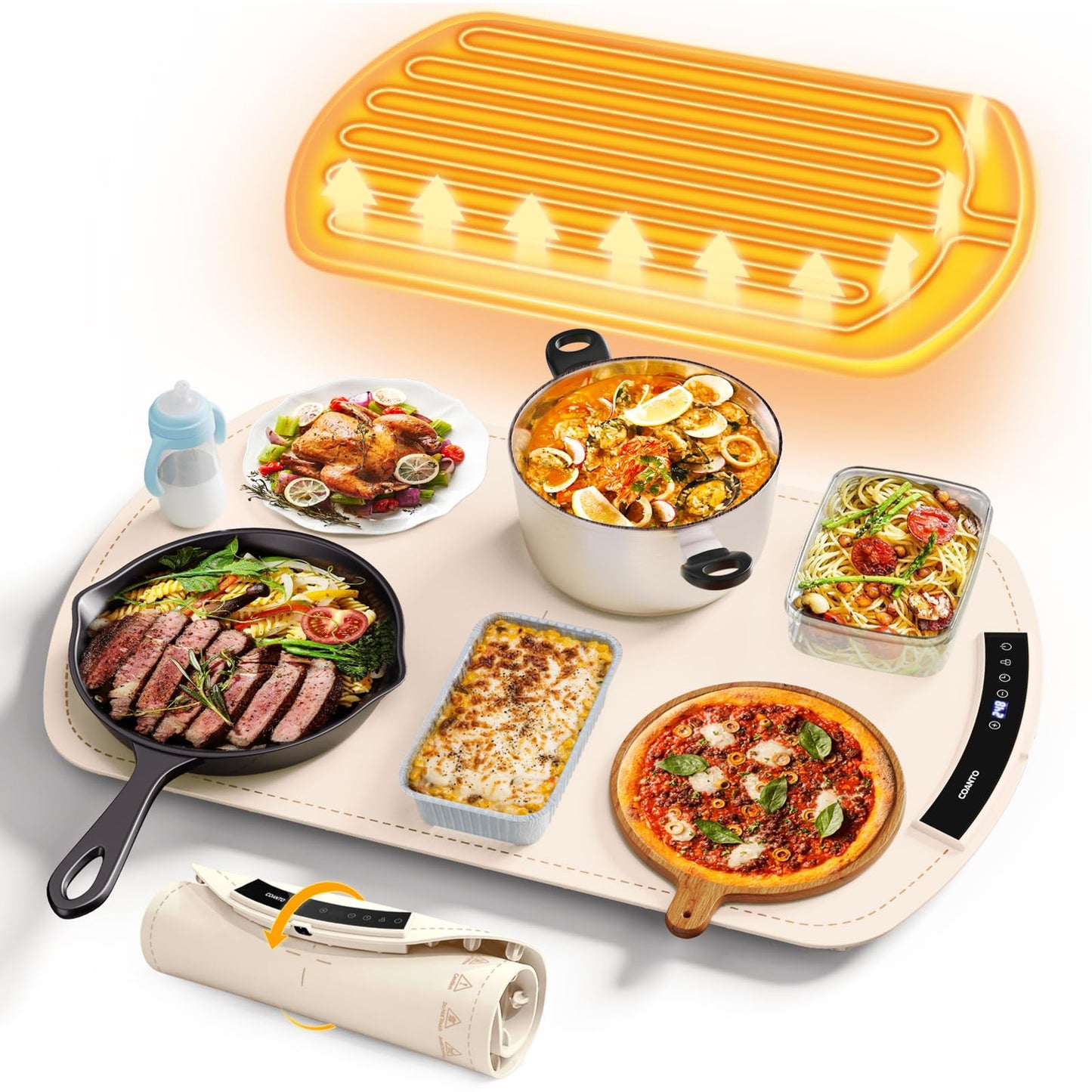 Food Warming Mat, Electric Warming Tray for Buffets & Parties, Silicone Heating Mat for Food with 9 Temperature Settings, Roll-Up Storage, 25.8"x15.6"