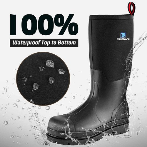 Rubber Work Boots with Steel Shank, Men's Waterproof Rain Boots Anti-slip, 5mm Neoprene Insulated Outdoor Hunting Boots, Durable All Season Knee Boots for Farming Construction Gardening Size 6-21