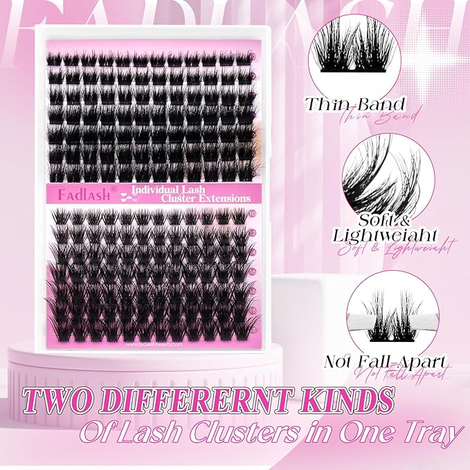 FADLASH Lash Clusters Individual Lashes 10-18mm Eyelash Clusters D Curl DIY Lash Extension Clusters Wispy Cluster Lashes (KLS240+KLS253-07D-Mix10-18)