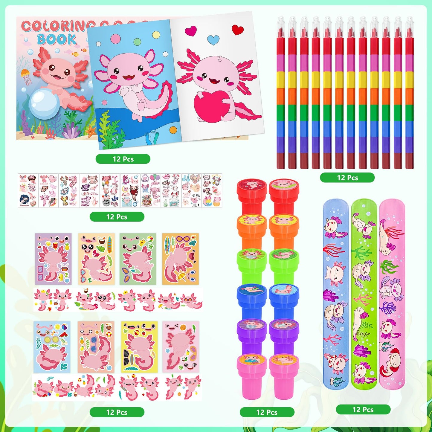 Cinrobiye 72 PCS Axolotl Party Favors Activity Set，Axolotl Coloring Books with Crayons Sticker Slap Bracelets Stampers，Amphibian Birthday Party Classroom Rewards Craft Goodie Bag Fillers Birthday