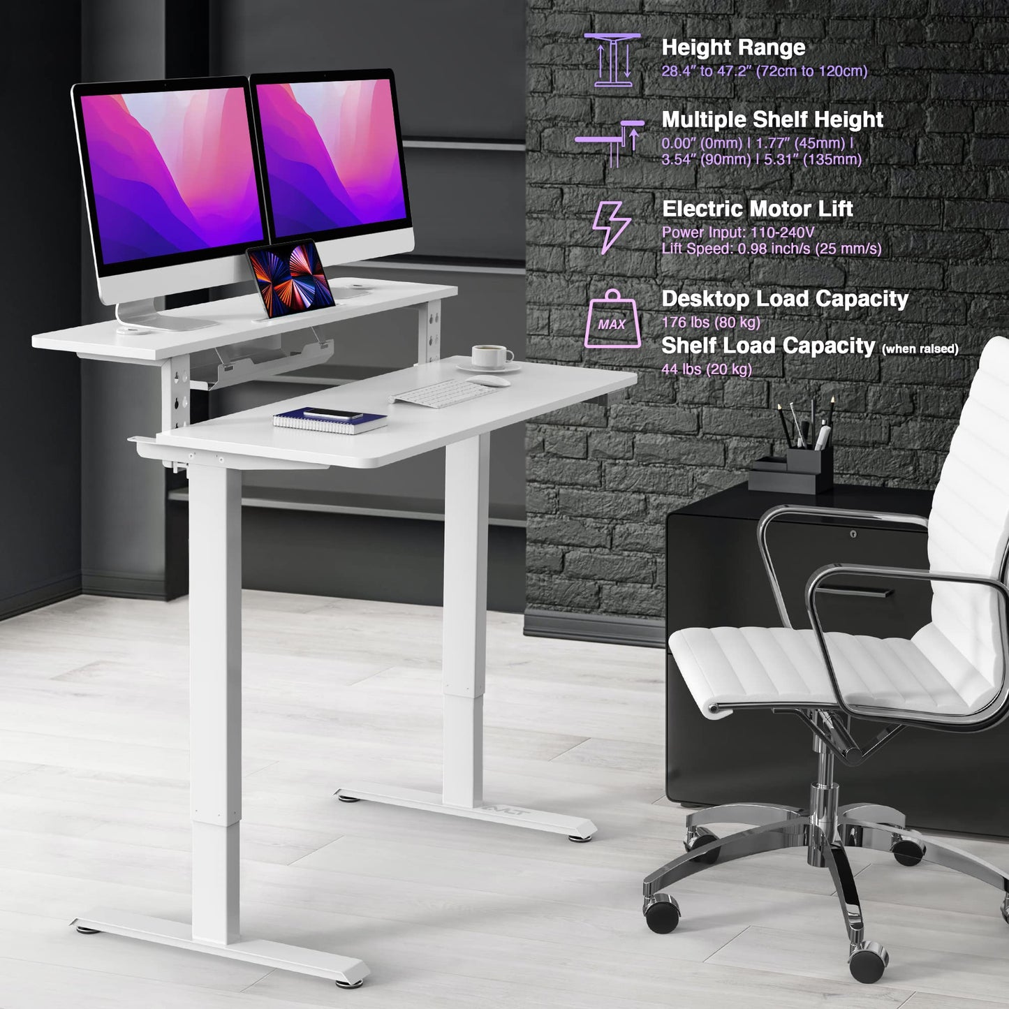 AVLT 47″ Electric Standing Desk with Dual-Tier Shelf & Tablet Holder – Height Adjustable Sit-Stand Desk for Home Office, Motorized Frame Supports 176 lbs (80kg), Includes Tabletops – White