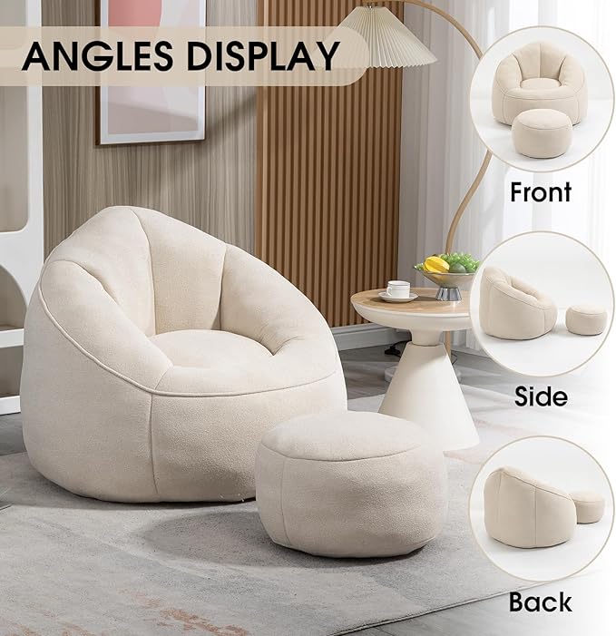 Sudwesto Bean Bag Chair for Adult, Microfiber Upholstered Bean Bag Sofa with Petal Back, Shell-Shaped Beanbag Chair with Footstool, Memory Foam Stuffed Lazy Sofa for Living Room, Bedroom (Beige)