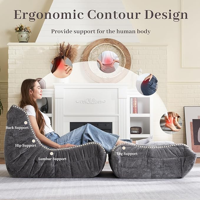 HABUTWAY Bean Bag Ottoman,Foot Rest,Fireside Chair Memory Foam Lazy Bean Bag Sofa for Living Room,Bedroom,Dorm,Office (Ottoman-Grey)