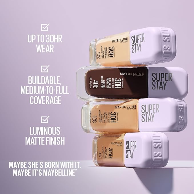 Maybelline Super Stay Lumi-Matte Foundation, Lightweight and Buildable Full Coverage Foundation Makeup For Up To 30HR Wear, 332, 1 Count