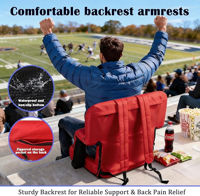 Anmiro Stadium Seats with Back Support Bleacher Chairs with Back and Extra Wide Cushion Thick Padded Bleacher Portable Reclining Seats for Football, Baseball and Basketball (Red, Medium)