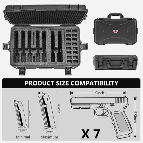 Kinghardcase TSA Gun Case for 7 Handguns - Waterproof & Shock Proof Handgun Case for 7 Pistols & 16 Magazines, Pistol Case Hard Shell for Glock, Beretta, Smith and Wesson